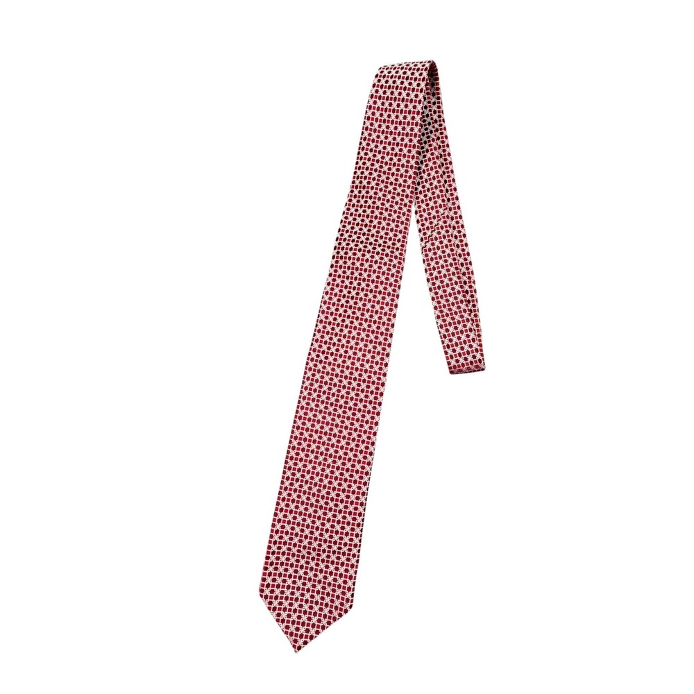 Ermenegildo Zegna Mens Tie Silk Geometric Pattern Red White Italy